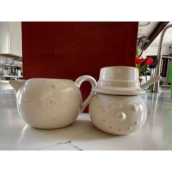 Pottery Barn Snowman Stackable Tea Set Ceramic Holiday Vintage w Spoon - Picture 4 of 9